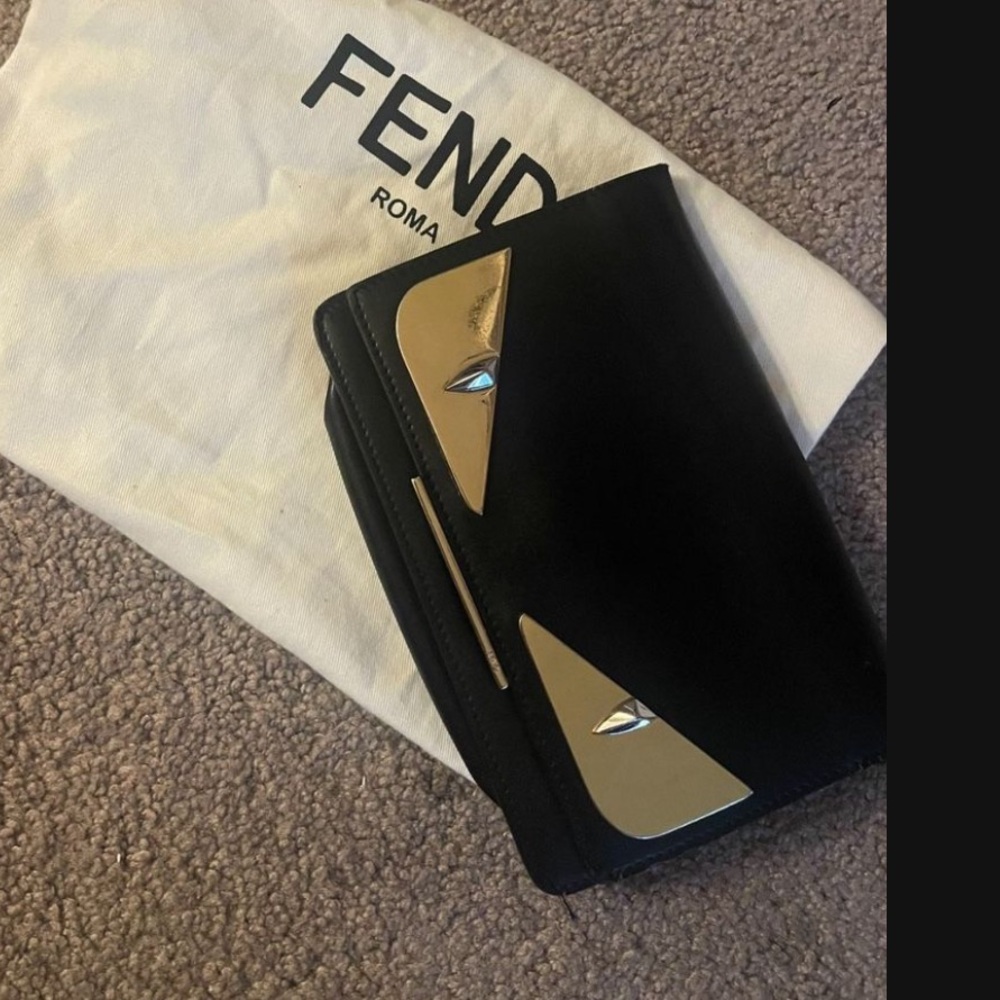 FENDI Monster Bug Eyes Chain Wallet Leather Black